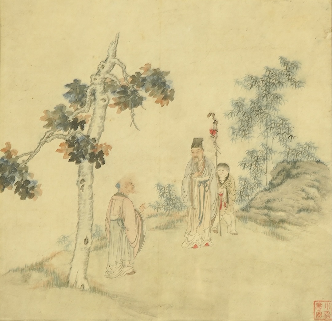 Chinese School , (19th century), Sage and boy, Farmer and ox, and two sages and attendant, Ink and colour on rice paper; three works, 38.5cm x 39.5cm, framed and glazed
